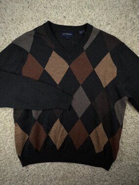 Scott Barber Mens Large Pullover Sweater Soft Merino Wool Diamond Print Gray